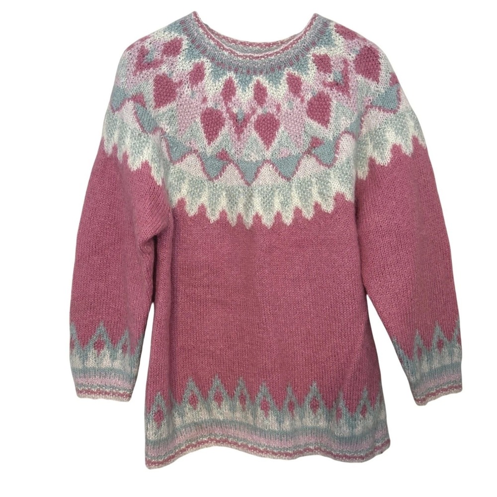 Segrets Sun Prints Fair Isle Wool Sweater Women M Pink Boho VIntage Cottage